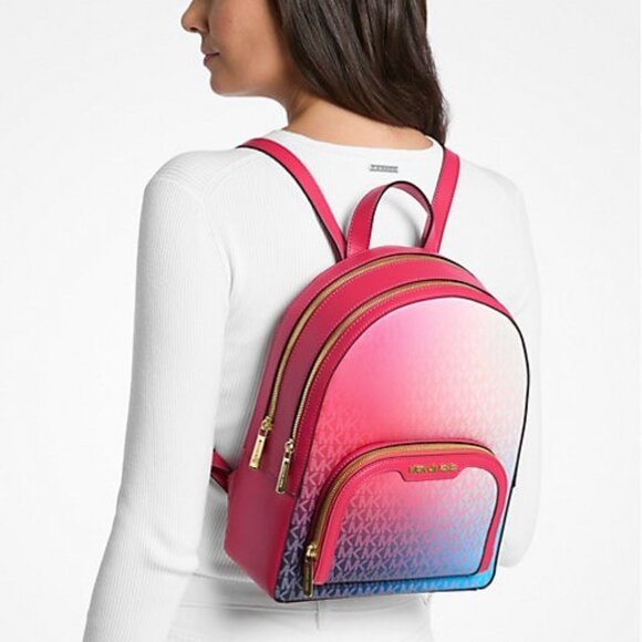 New Michael Kors Jaycee Medium Ombré Signature Logo Backpack Dark Raspberry - Picture 5 of 5